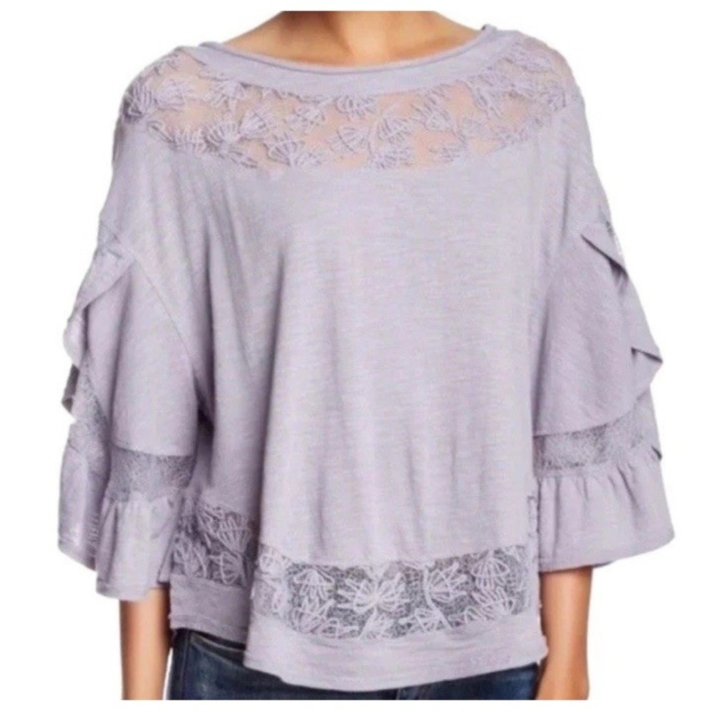 Free People XS Blouse Bell Sleeve Lace Purple Oversized Boho Castle Cottage Cute